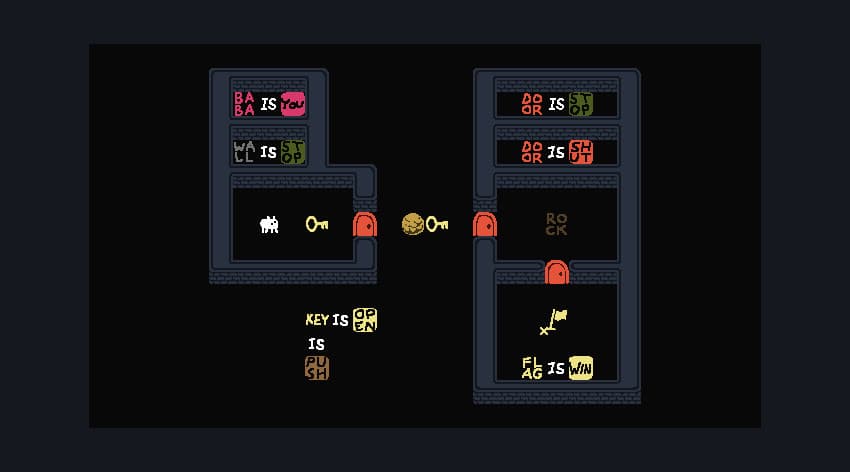 Baba Is You: keys and doors divide two chambers, with word blocks defining what is open, shut, and pushable.